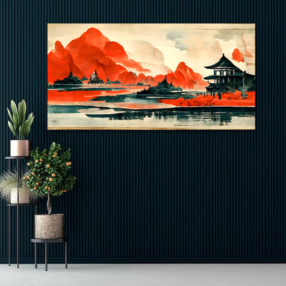 Red Mountain Landscape Canvas Wall Art Asian Scenic Painting Decor
