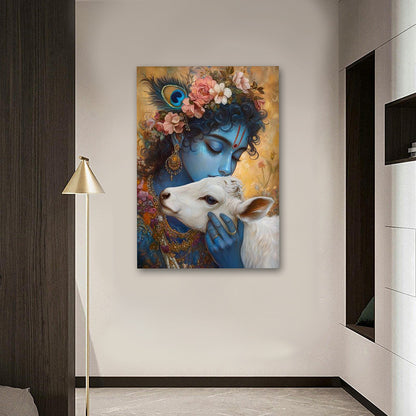 Krishna with Cow Wall Painting | Divine Spiritual Canvas Art for Peaceful Home Decor