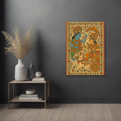 Krishna Arjuna Mahabharata Canvas Painting – Traditional Indian War Scene Wall Art Canvas Painting Frame for Living Room