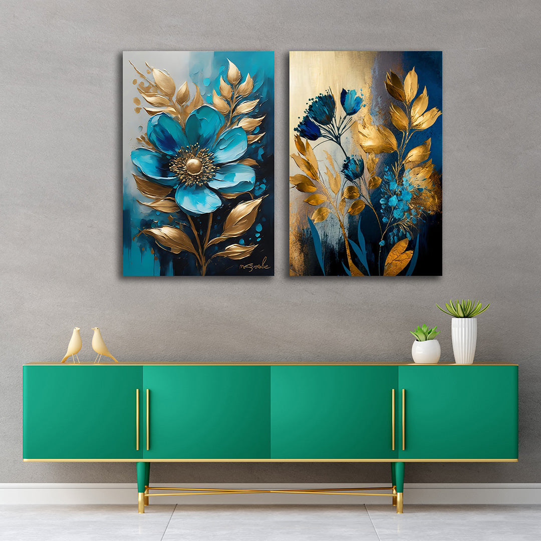 Teal Blue Gold Floral Canvas Painting Set of 2 Modern Wall Art (18 x 24 Inches Each Part)