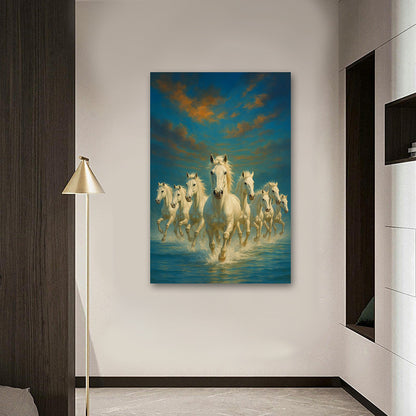 7 Running White Horses Sea Painting | Vastu Ocean Canvas Art for Home & Office Decor