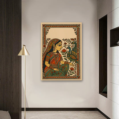 Traditional Indian Folk Art Canvas Wall Painting | Ethnic Woman & Peacock Artwork for Home Decor
