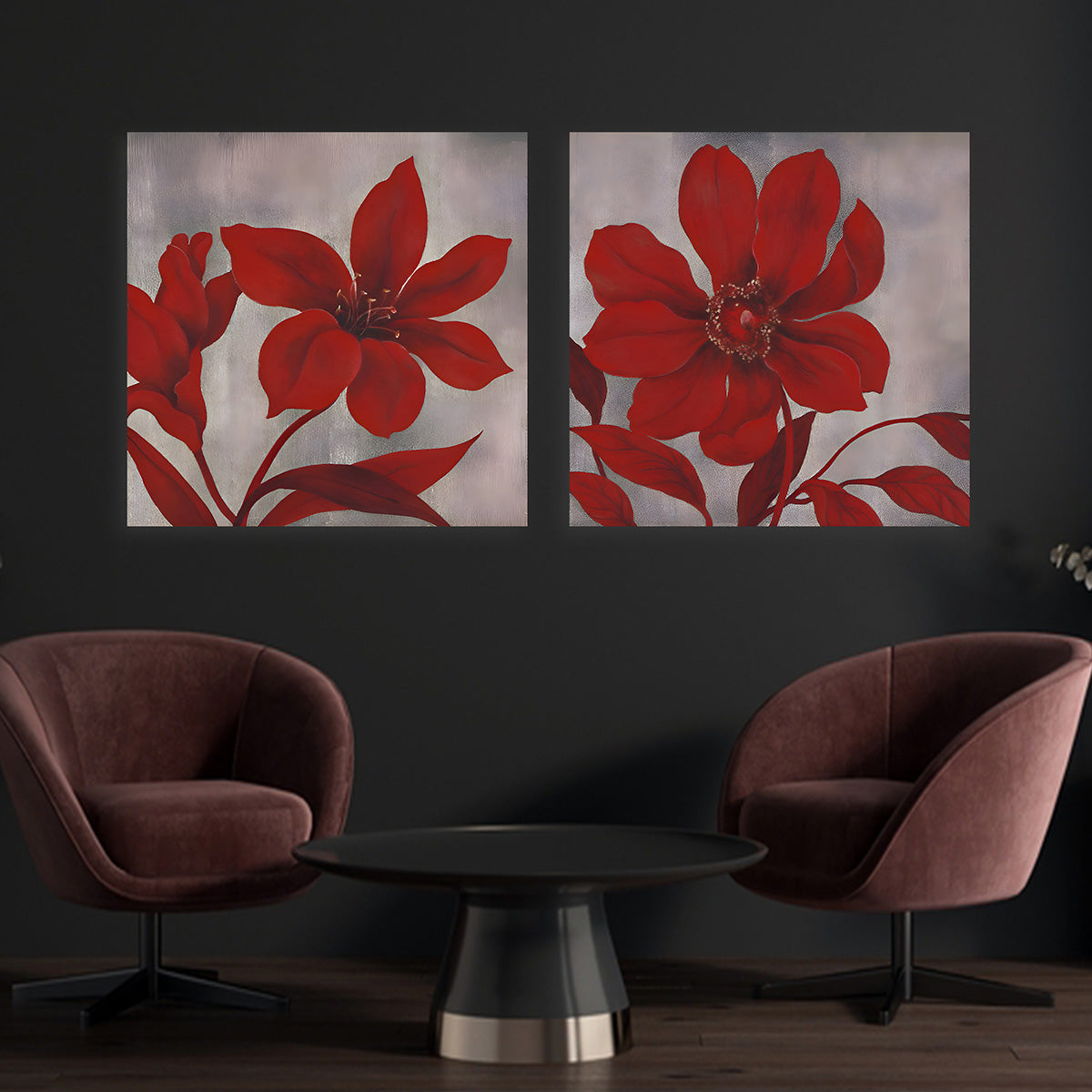 Abstract Red Floral Canvas Painting Wall Art Set – Large Size Frame for Living Room (18 x 18 Inches Each Part)