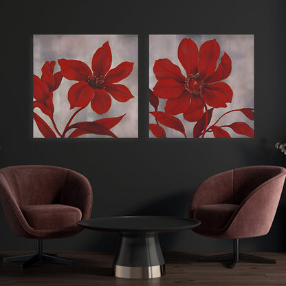 Abstract Red Floral Canvas Painting Wall Art Set – Large Size Frame for Living Room (18 x 18 Inches Each Part)
