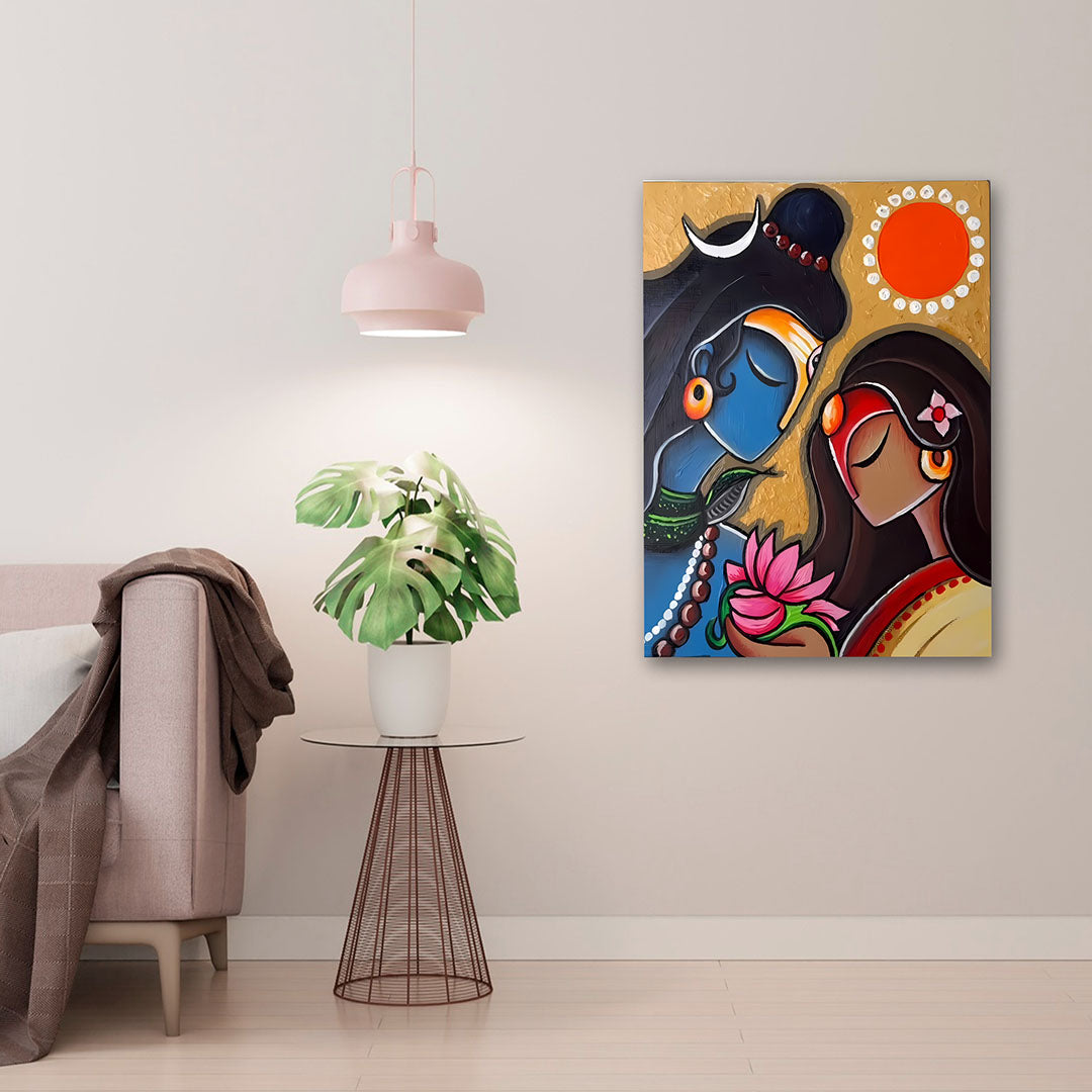 Shiv Parvati Abstract Canvas Wall Art | Romantic Spiritual Painting for Home Decor & Living Room