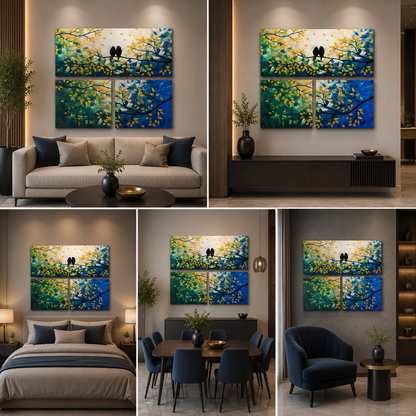 Abstract Love Birds Tree Canvas Painting Wall Art Set – Frame for Living Room (36 x 36 Inches Total Part)