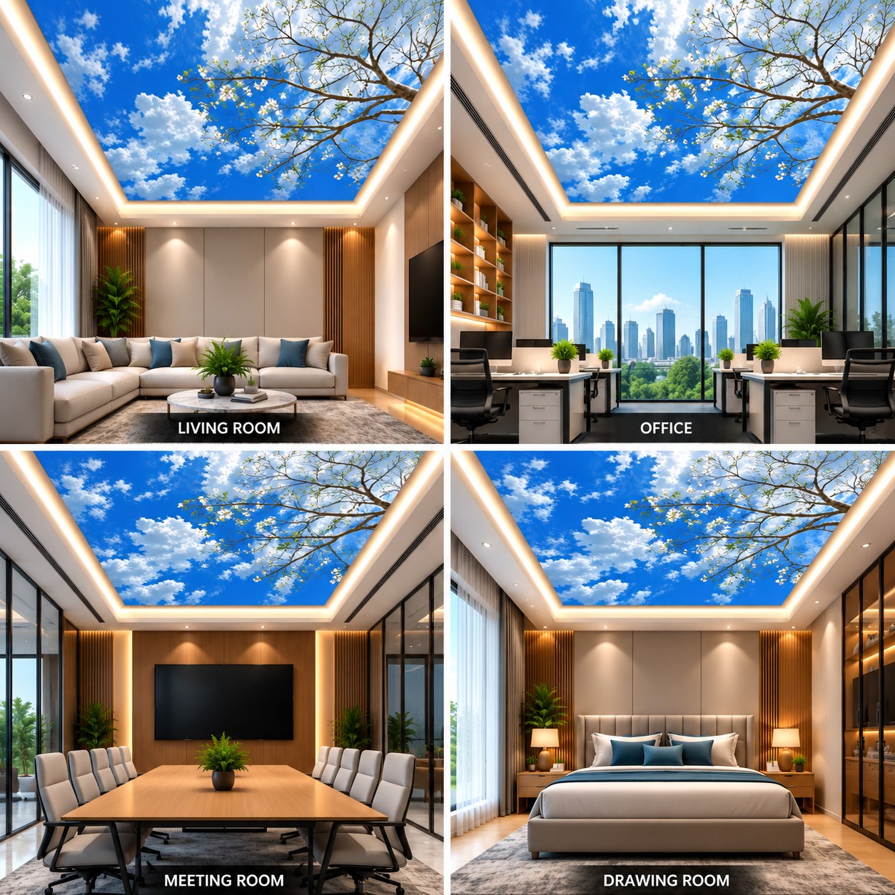 3D Blue Sky Tree Branch Ceiling Design with Clouds for Luxury Homes & Modern Offices