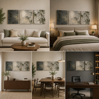 Zen Bamboo Moon Wall Art Set of 2 Panels | Minimalist Nature Canvas Painting | Acrylic UV Printed Wall Decor for Living Room Bedroom (60 x 24 Inches )