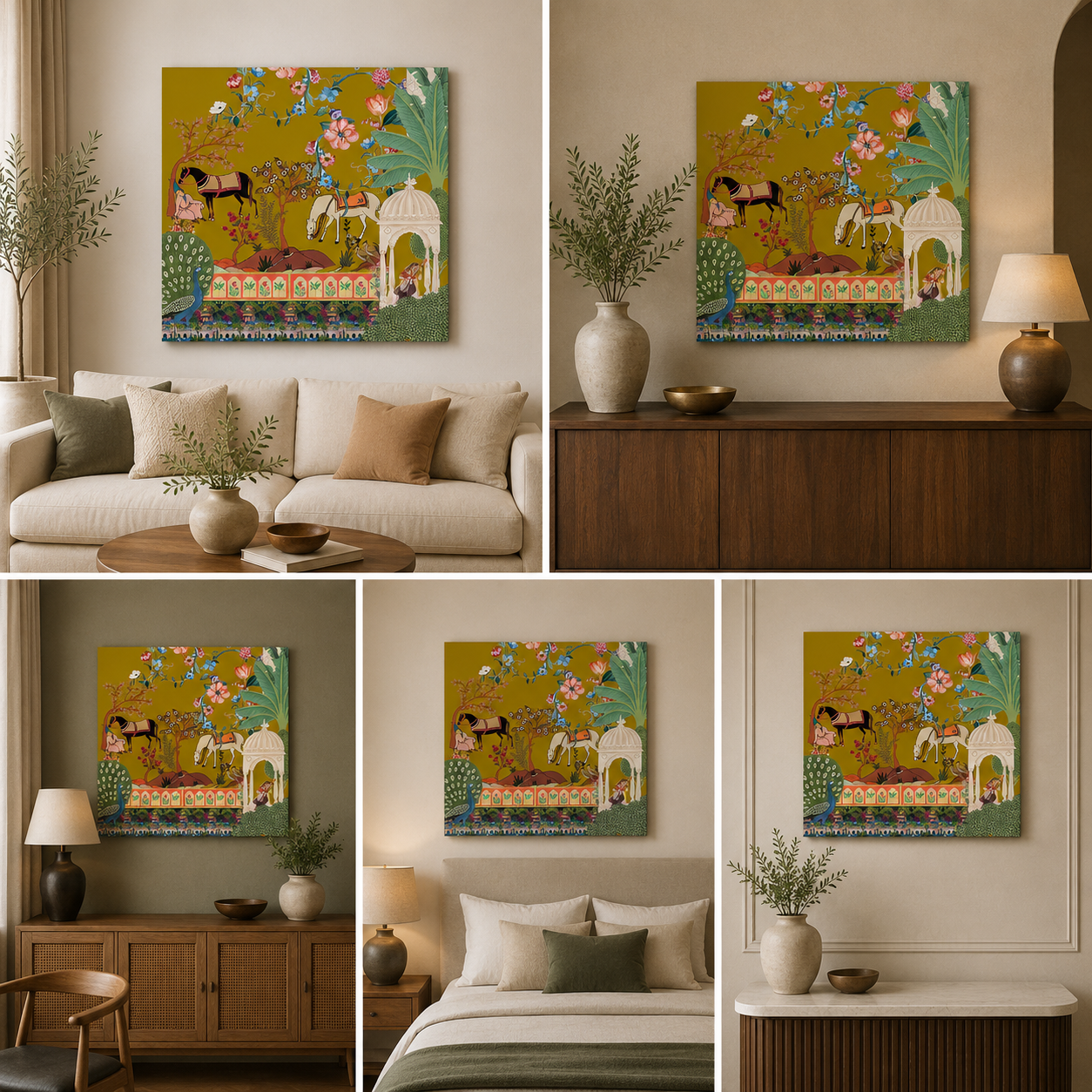 Royal Garden Scene Canvas Wall Painting | Indian Miniature Art Inspired Horse & Nature Artwork | Premium Ethnic Wall Decor