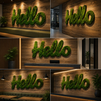 Artificial Moss Hello Wall Sign with LED Backlit Green Wall Decor for Reception and Entry Spaces