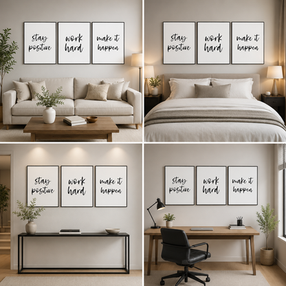 Motivational Typography Canvas Wall Art Set of 3 for Home Office and Modern Wall Decor