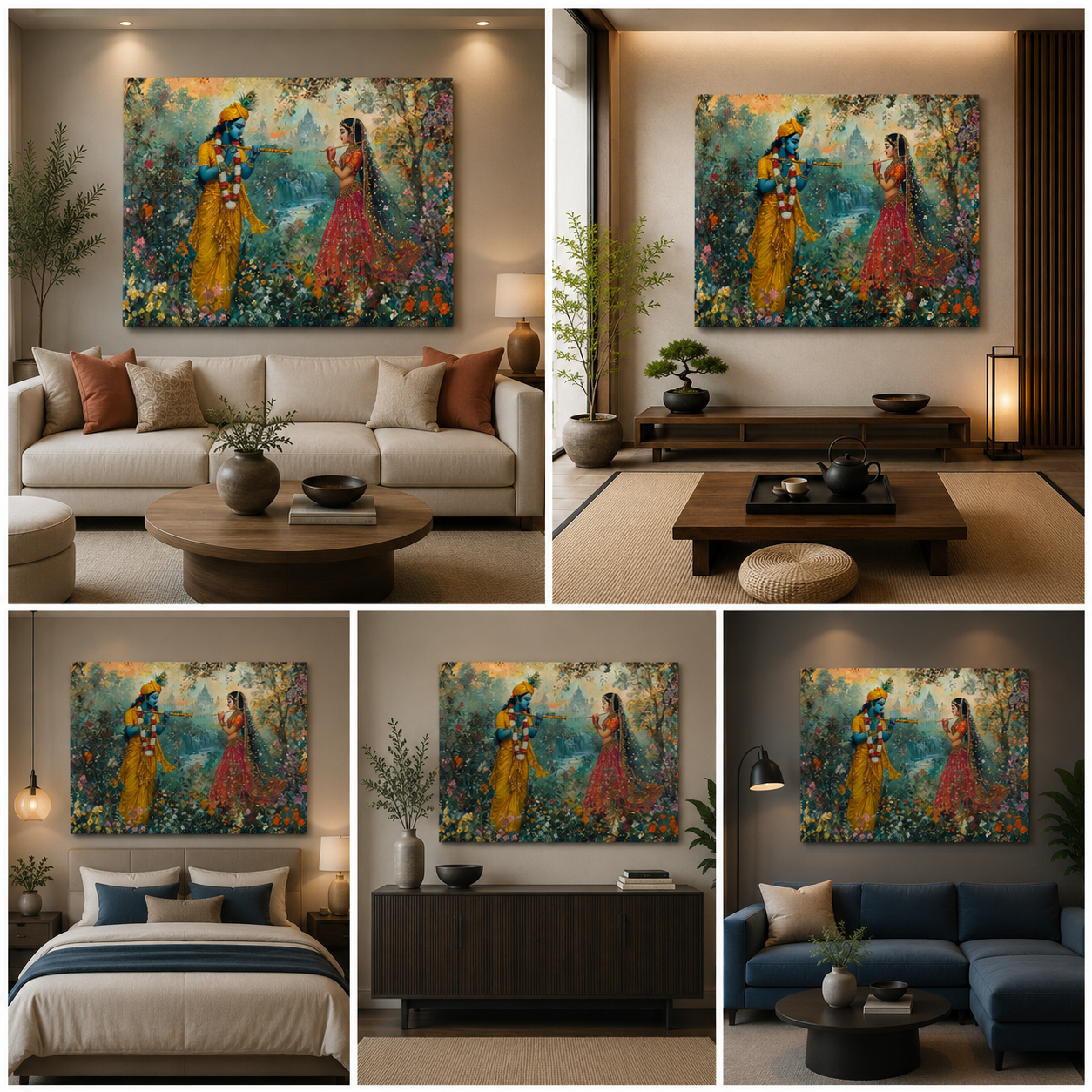 Radha Krishna Musical Garden Canvas Painting Frame Wall Decor for Living Room Nature Spiritual Artwork