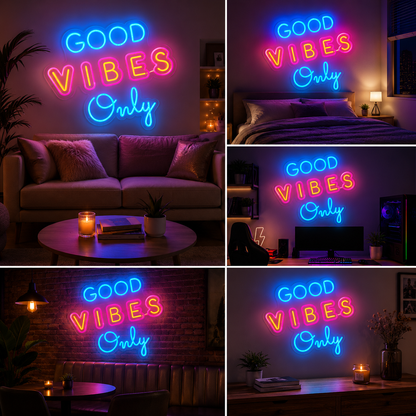 Good Vibes Only Neon Sign Board | Colorful LED Neon Light Wall Decor (20 By 18 Inches)