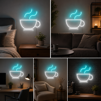 Coffee Cup Neon Sign Board | Custom Neon Light Signs | Customised Neon Light Name Plate Cafe Wall Decor (12x12 In)
