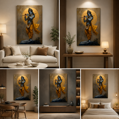 Lord Krishna Playing Flute Canvas Wall Painting for Living Room & Pooja Room Decor