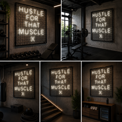 Hustle For That Muscle LED Neon Sign | Gym Motivational Wall Light for Fitness Center, Home Gym & Workout Studio