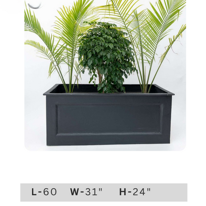 Large 60 inch long dark grey rectangular garden planter with 31 inch width and 24 inch height, decorative trough planter for patios, terraces and contemporary landscapes