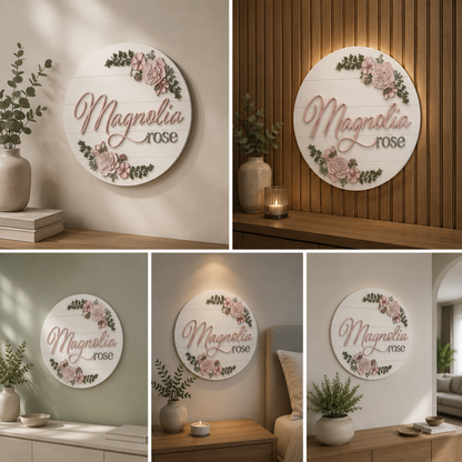 Floral Acrylic Name Board | Custom 3D Round Wall Sign for Home, Boutique & Wedding Decor