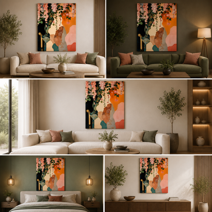 Modern Abstract Floral Canvas Wall Painting | Luxury Botanical Art with Gold Accents | Premium Designer Wall Decor