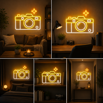 Camera Neon Sign Board | Custom Neon Light Signs | Customised Neon Light Name Plate Photography Wall Decor