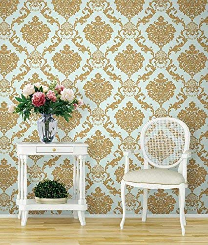 Wall Paper for Wall Decor, Non Adhesive Wallpaper for Walls Living Room, Bedroom (53 x 1000 cm, Roll 57sqft, Sea Blue Damask Design)