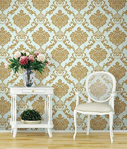 Wall Paper for Wall Decor, Non Adhesive Wallpaper for Walls Living Room, Bedroom (53 x 1000 cm, Roll 57sqft, Sea Blue Damask Design)