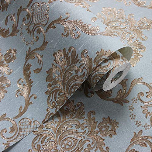 Wall Paper for Wall Decor, Non Adhesive Wallpaper for Walls Living Room, Bedroom (53 x 1000 cm, Roll 57sqft, Sea Blue Damask Design)