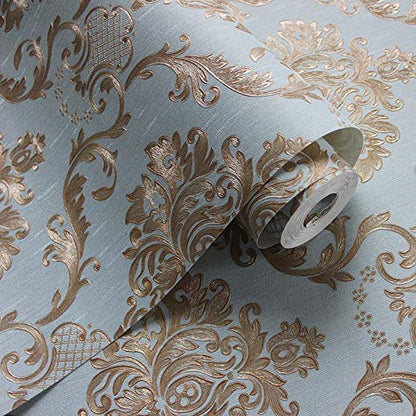 Wall Paper for Wall Decor, Non Adhesive Wallpaper for Walls Living Room, Bedroom (53 x 1000 cm, Roll 57sqft, Sea Blue Damask Design)