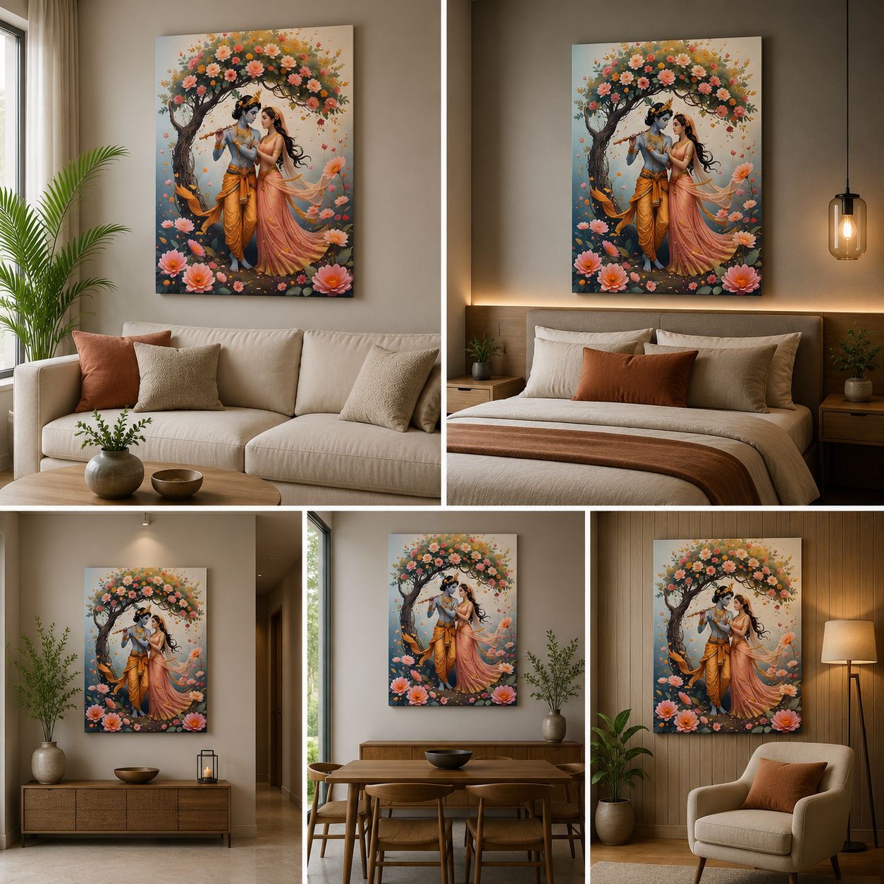 Radha Krishna Floral Canvas Painting Frame Romantic Spiritual Wall Decor for Living Room