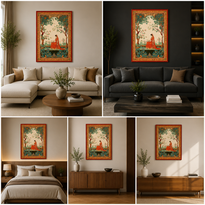 Traditional Indian Woman Garden Scene Canvas Painting – Vintage Ethnic Wall Art Canvas Painting Frame for Living Room