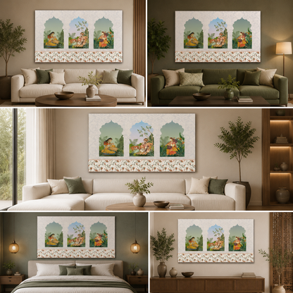 Royal Court Scene Canvas Wall Painting | Mughal Miniature Art Panel | Traditional Indian Story Artwork