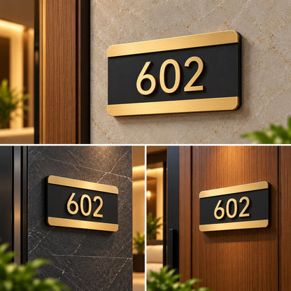 Custom Black and Gold House Number Plate, Modern 3D Metal Apartment Door Sign