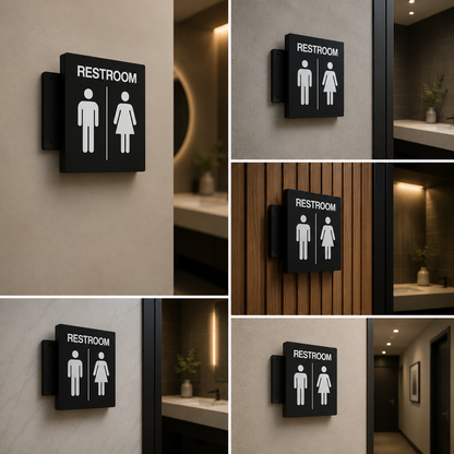 Double Sided Restroom Hanging Sign | Men Women Bathroom Wayfinding Board