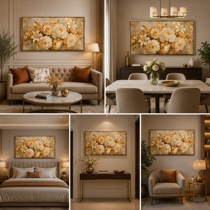 White and gold flower bouquet on a light background, shown as horizontal canvas wall art above a sofa, bed, console, dining table and armchair.
