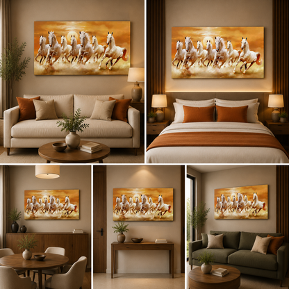 White Running Horses Wall Art Canvas | Golden Sunset Horse Painting for Living Room