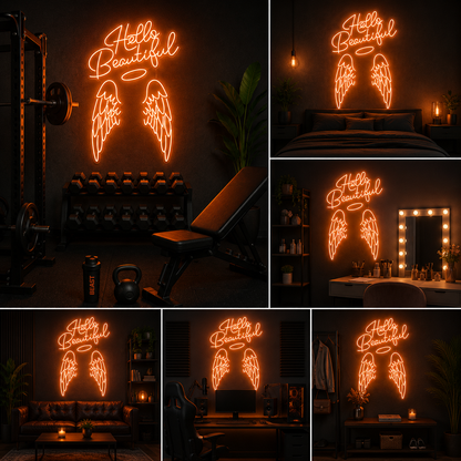 Hello Beautiful Angel Wings Custom Neon Sign Board | Quote Neon Light | Custom Neon Light | Neon Sign Board Customised (50 By 50 Inches)