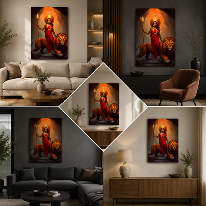 Maa Durga with Lion Divine Wall Painting | Spiritual Canvas Art for Home & Temple