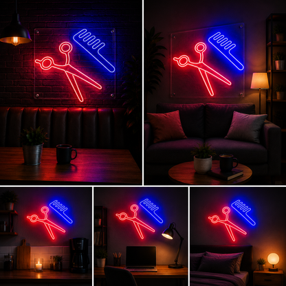 Barber Tools Neon Sign Board – Custom Neon Light Salon Wall Decor (24 By 18 Inches)