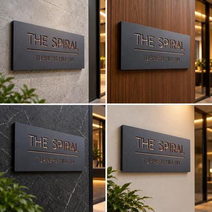 Premium Black Modern Address Name Plate with Copper Lettering and Minimalist Street Sign Design