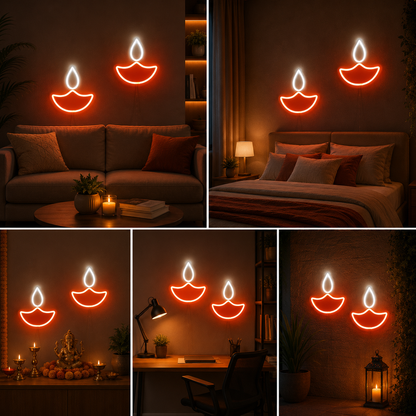 Double Diya Neon Sign Board | LED Diwali Neon Light for Festive Home Decor