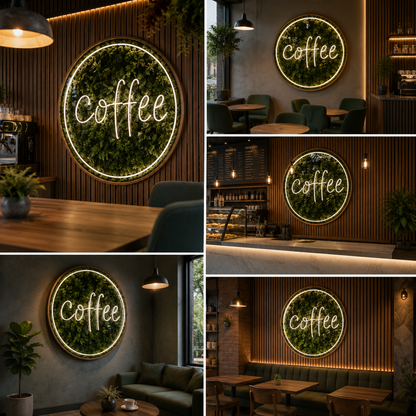 Artificial Moss Coffee Wall Sign with LED Neon Circle Frame Green Wall Decor for Cafe and Restaurant Interiors