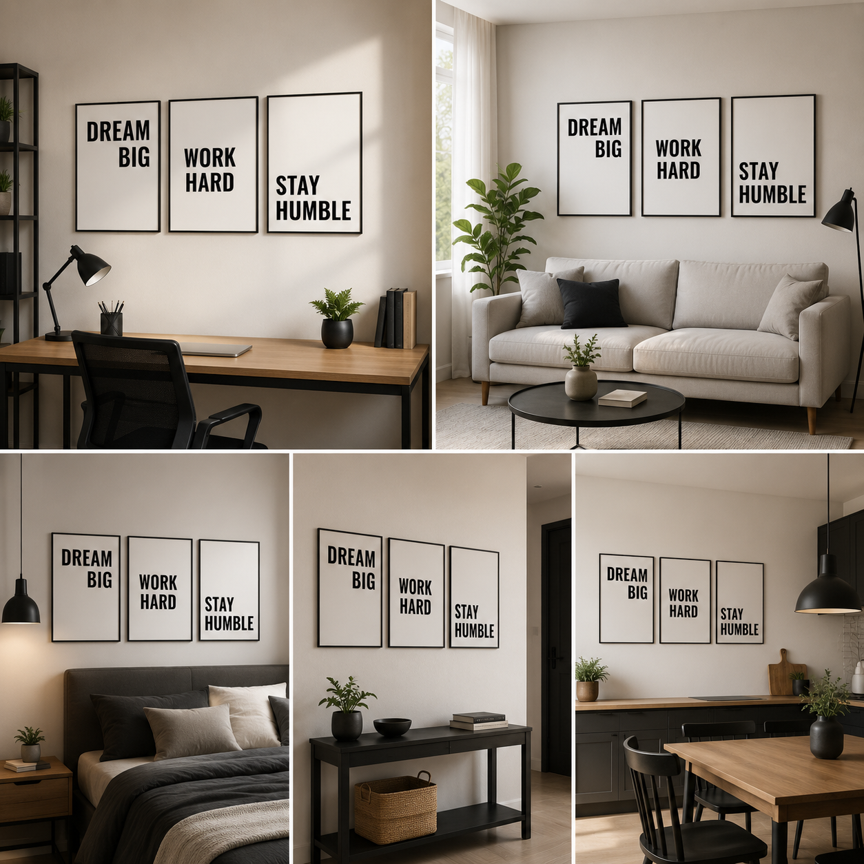 Dream Big Work Hard Stay Humble Wall Art Set – Minimalist 3 Panel Motivational Frame | Office & Home Decor