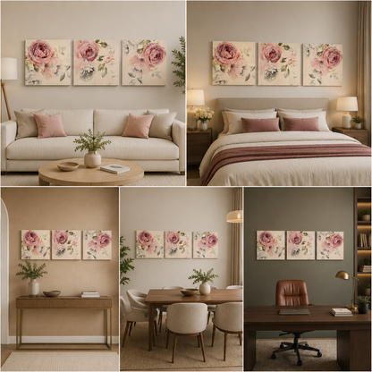 Elegant Floral Wall Art Set of 3 Panels | Vintage Rose Canvas Painting | Soft Pastel Flower Acrylic UV Printed Wall Decor (18 x 18 Inches Each Part)