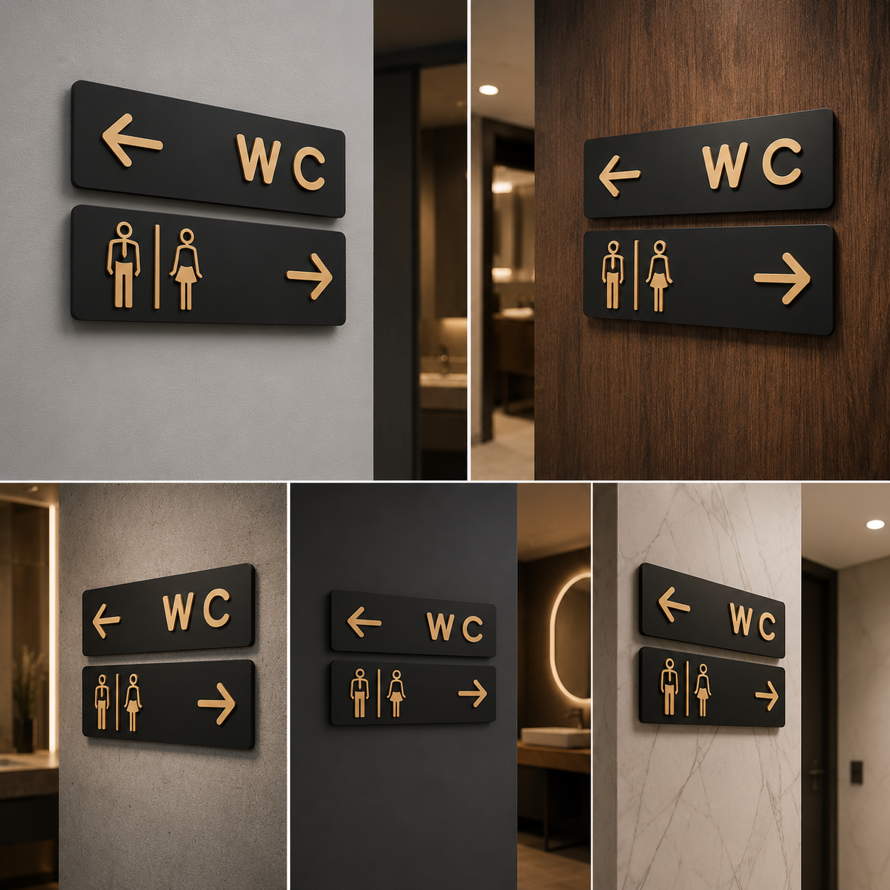 Modern WC Directional Restroom Sign Set | Men Women Washroom Arrow Plaques | Bathroom Wayfinding Signage for Hotel Office Mall