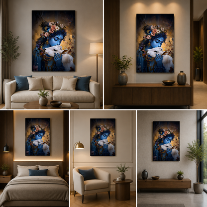 Baby Krishna with Calf Canvas Painting Frame Divine Love Wall Decor for Living Room