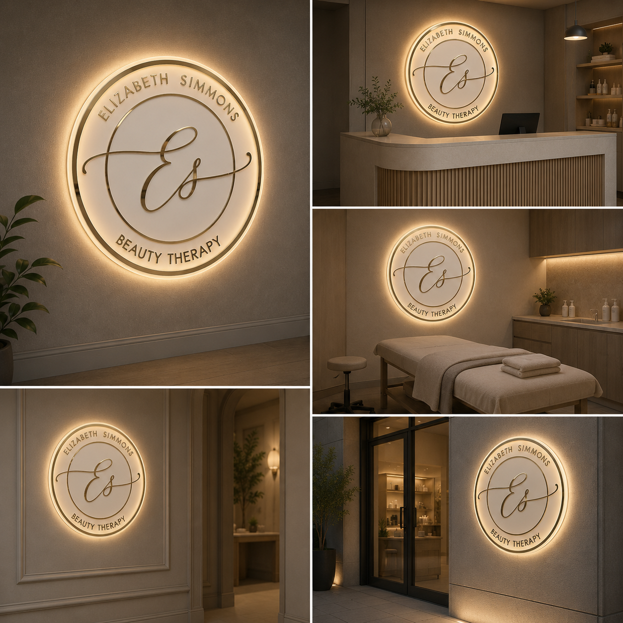 LED Circular Acrylic Beauty Salon Logo Sign Gold Backlit Halo Round Wall Sign for Spa Clinic and Boutique Branding