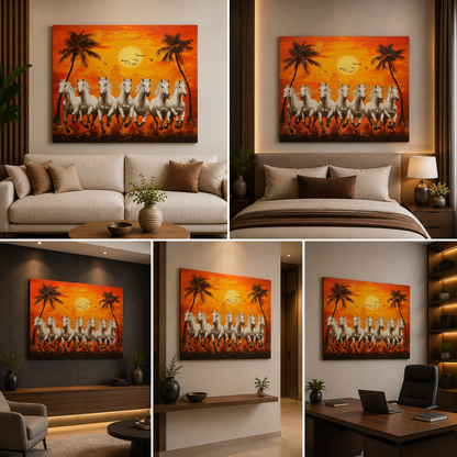 Seven White Horses Sunset Canvas Painting Frame Wall Decor for Living Room Palm Tree Vastu Artwork