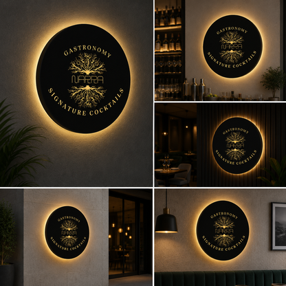 LED Circular Black Acrylic Logo Sign Gold Backlit Halo Round Wall Sign for Restaurant Bar and Luxury Branding