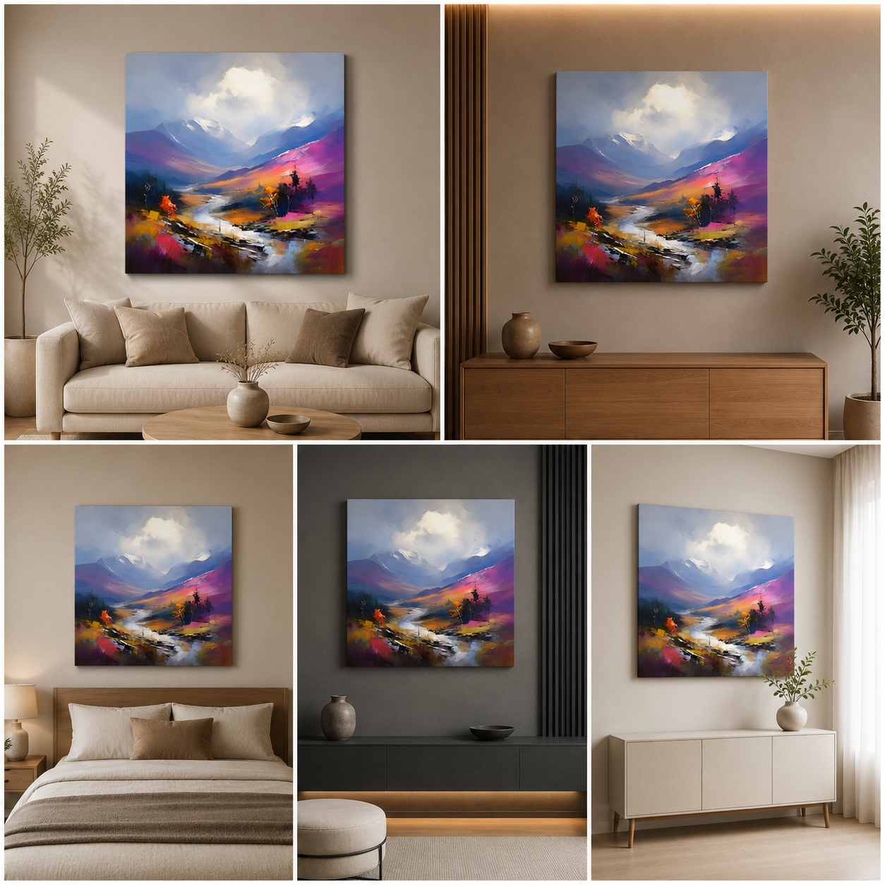 Canvas Painting Wall Frame | Serene Impressionist Mountain River Landscape | Vibrant Purple and Gold Valley Modern Wall Art Decors