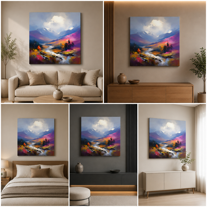 Canvas Painting Wall Frame | Serene Impressionist Mountain River Landscape | Vibrant Purple and Gold Valley Modern Wall Art Decors